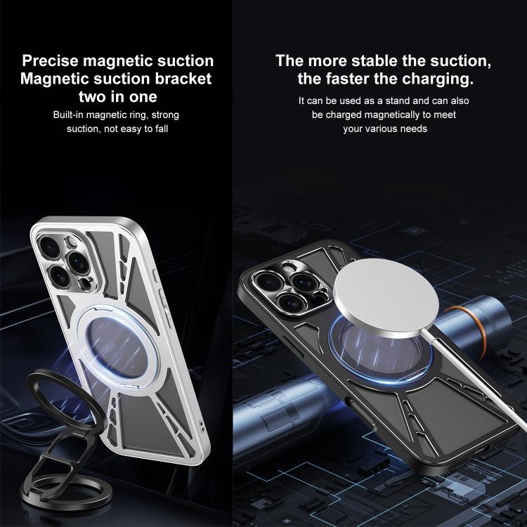 For iPhone 16 Cooling Hollow Metal Holder MagSafe Phone Case(Silver) - iPhone 16 Cases by buy2fix | Online Shopping UK | buy2fix