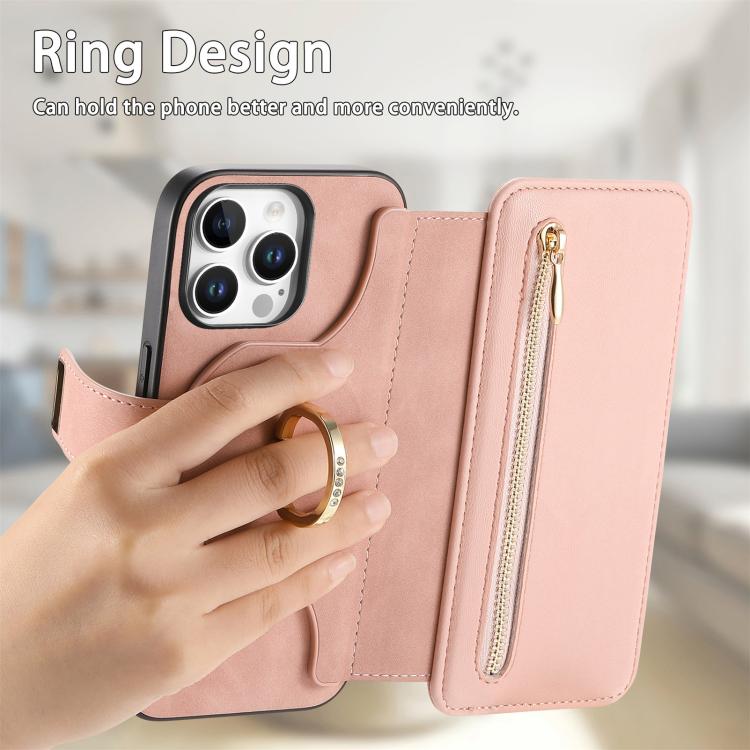 For iPhone 16 Pro Max Ring Zipper Wallet RFID Blocking MagSafe Leather Phone Case(Pink) - iPhone 16 Pro Max Cases by buy2fix | Online Shopping UK | buy2fix