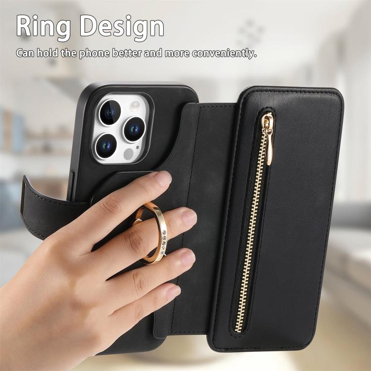 For iPhone 16 Pro Ring Zipper Wallet RFID Blocking MagSafe Leather Phone Case(Black) - iPhone 16 Pro Cases by buy2fix | Online Shopping UK | buy2fix