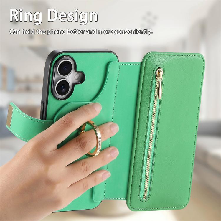 For iPhone 16 Ring Zipper Wallet RFID Blocking MagSafe Leather Phone Case(Green) - iPhone 16 Cases by buy2fix | Online Shopping UK | buy2fix