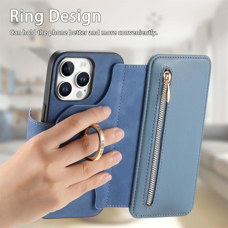 For iPhone 15 Pro Ring Zipper Wallet RFID Blocking MagSafe Leather Phone Case(Blue) - iPhone 15 Pro Cases by buy2fix | Online Shopping UK | buy2fix