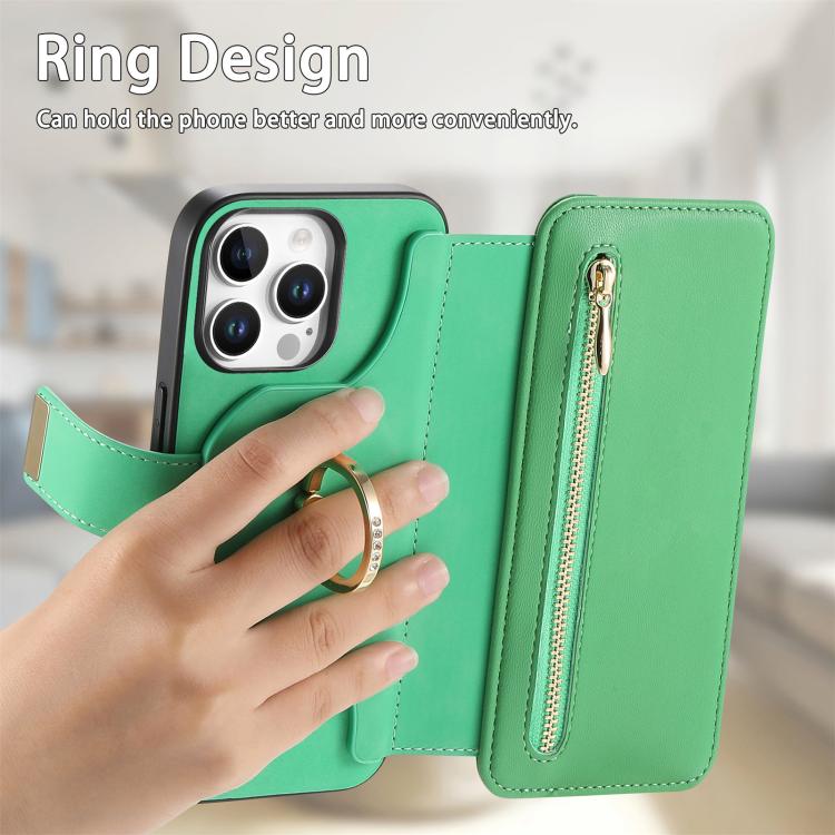 For iPhone 15 Pro Ring Zipper Wallet RFID Blocking MagSafe Leather Phone Case(Green) - iPhone 15 Pro Cases by buy2fix | Online Shopping UK | buy2fix
