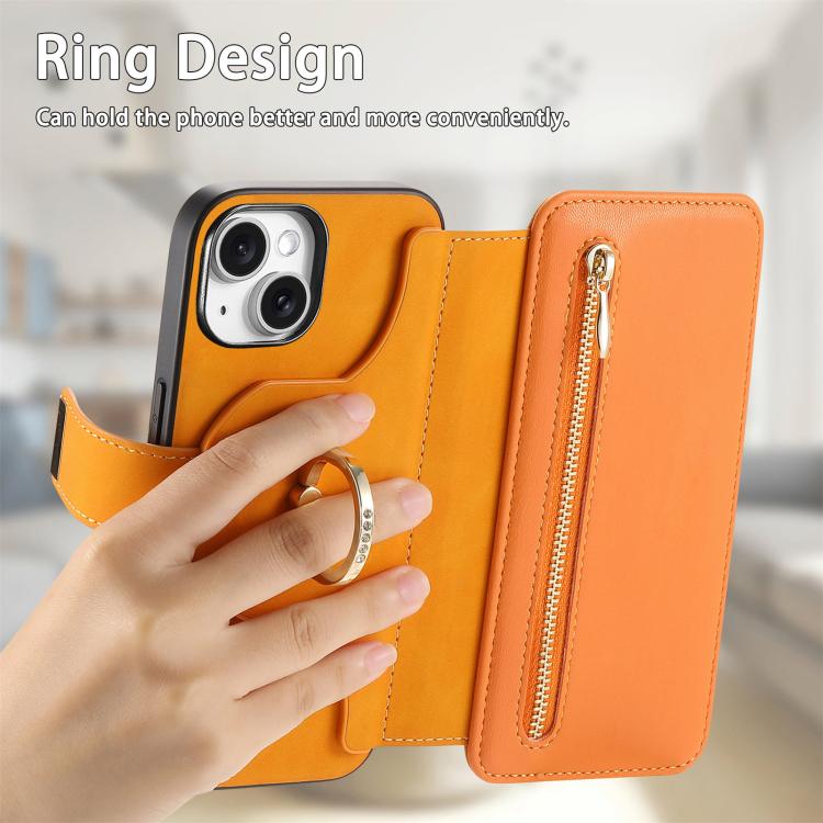 For iPhone 15 Plus Ring Zipper Wallet RFID Blocking MagSafe Leather Phone Case(Orange) - iPhone 15 Plus Cases by buy2fix | Online Shopping UK | buy2fix