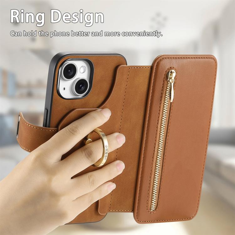 For iPhone 14 Plus Ring Zipper Wallet RFID Blocking MagSafe Leather Phone Case(Brown) - iPhone 14 Plus Cases by buy2fix | Online Shopping UK | buy2fix