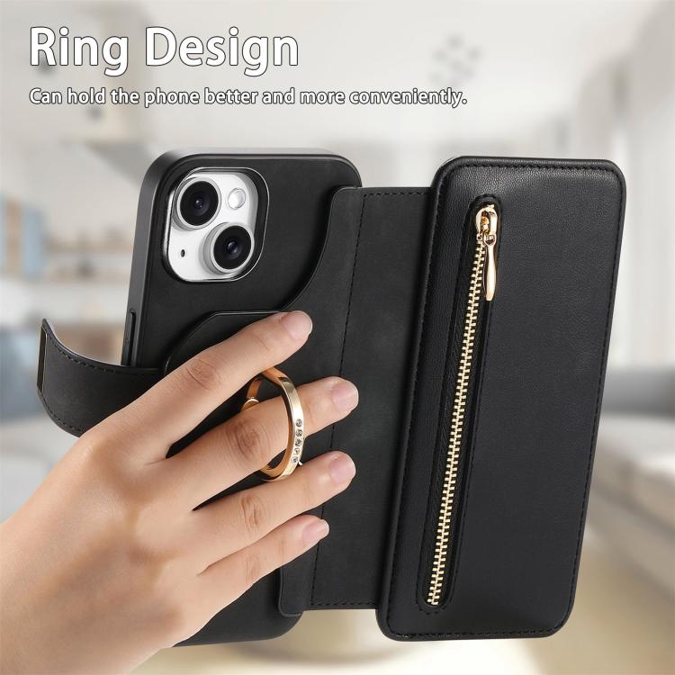 For iPhone 13 Ring Zipper Wallet RFID Blocking MagSafe Leather Phone Case(Black) - iPhone 13 Cases by buy2fix | Online Shopping UK | buy2fix