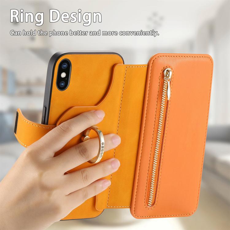 For iPhone X / XS Ring Zipper Wallet RFID Blocking MagSafe Leather Phone Case(Orange) - More iPhone Cases by buy2fix | Online Shopping UK | buy2fix