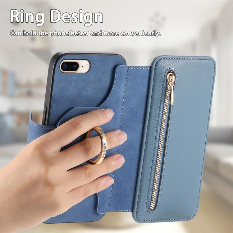 For iPhone 7 Plus / 8 Plus Ring Zipper Wallet RFID Blocking MagSafe Leather Phone Case(Blue) - More iPhone Cases by buy2fix | Online Shopping UK | buy2fix