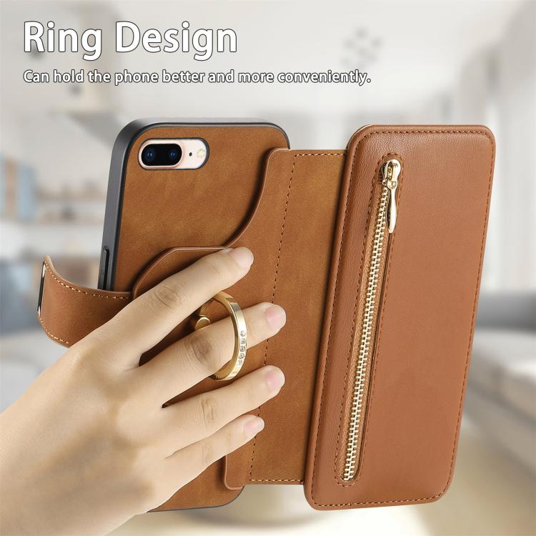 For iPhone 7 Plus / 8 Plus Ring Zipper Wallet RFID Blocking MagSafe Leather Phone Case(Brown) - More iPhone Cases by buy2fix | Online Shopping UK | buy2fix