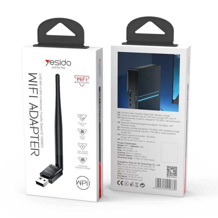Yesido WP11 WiFi4 Wireless Dongle 150Mbps High Speed USB Adapter with External Antenna(Black) - Wireless Display Dongle by Yesido | Online Shopping UK | buy2fix