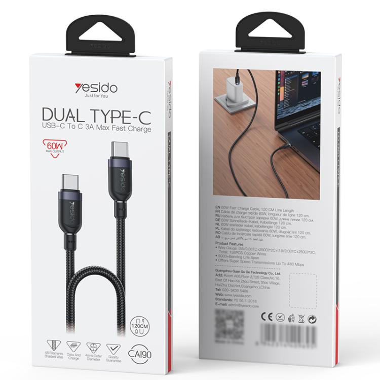 Yesido CA190 60W 3A USB-C / Type-C to Type-C Charging Data Cable, Length:1.2m(Black) - USB-C & Type-C Cable by Yesido | Online Shopping UK | buy2fix