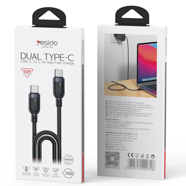 Yesido CA192 60W 3A USB-C / Type-C to Type-C Charging Data Cable, Length:2m(Black) - USB-C & Type-C Cable by Yesido | Online Shopping UK | buy2fix