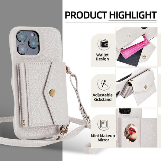For iPhone 16 Pro Litchi Texture Horizontal Card Bag Holder Phone Case with Long Lanyard(White) - iPhone 16 Pro Cases by buy2fix | Online Shopping UK | buy2fix