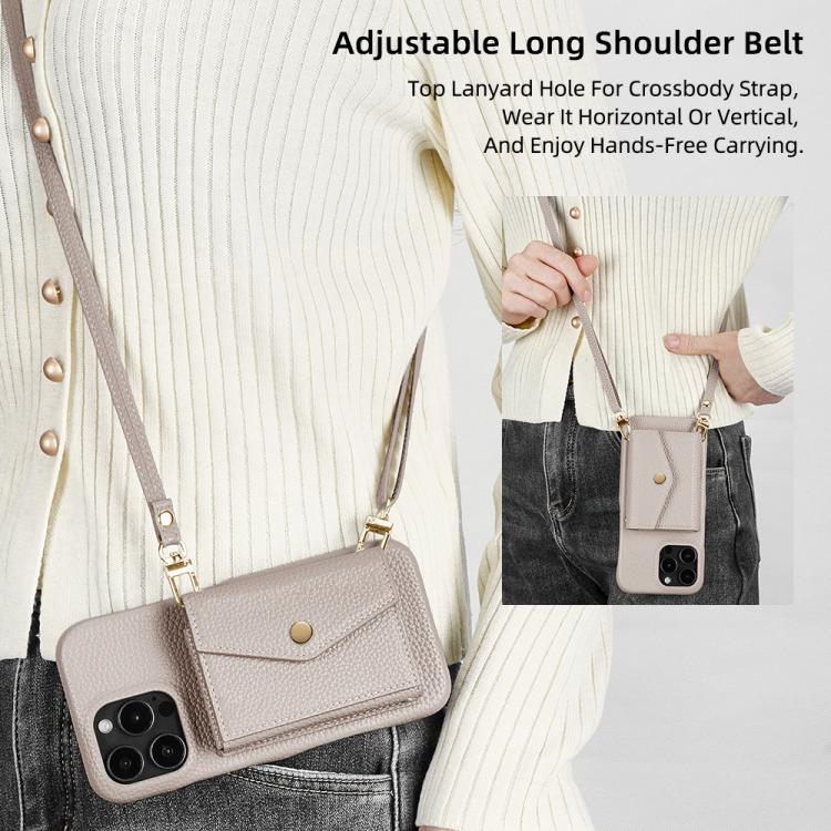 For iPhone 16 Plus Litchi Texture Horizontal Card Bag Holder Phone Case with Long Lanyard(Grey) - iPhone 16 Plus Cases by buy2fix | Online Shopping UK | buy2fix