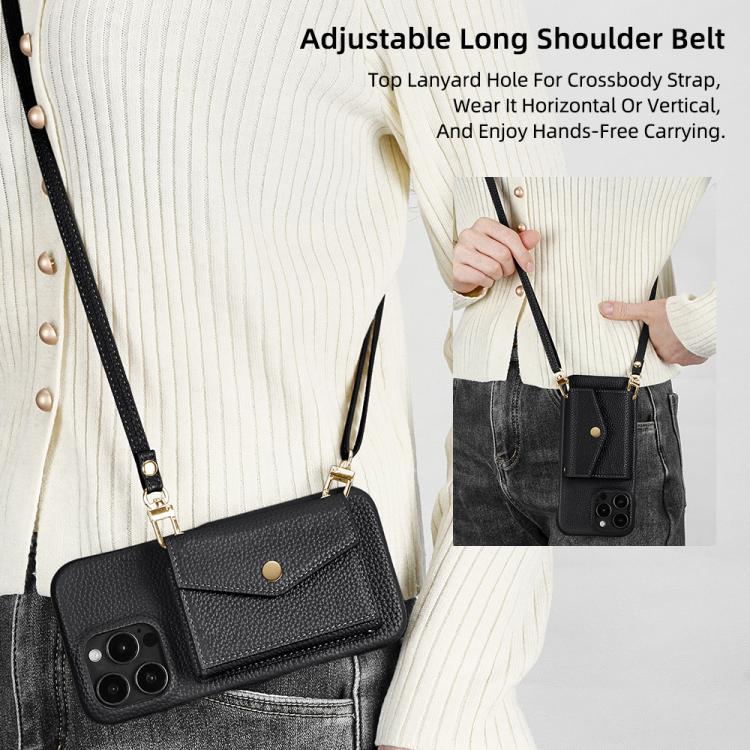 For iPhone 14 Plus Litchi Texture Horizontal Card Bag Holder Phone Case with Long Lanyard(Black) - iPhone 14 Plus Cases by buy2fix | Online Shopping UK | buy2fix