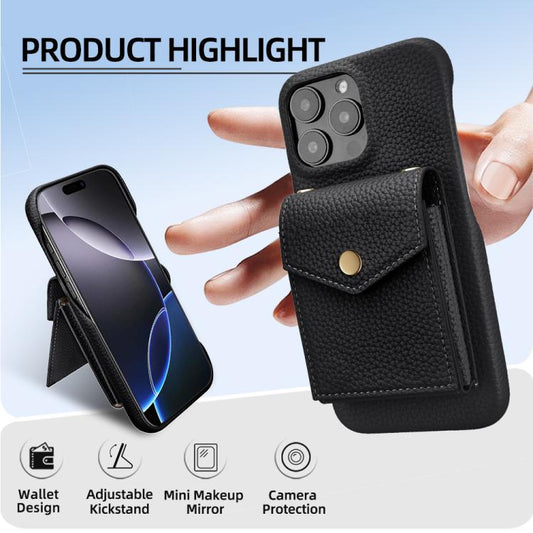 For iPhone 16 Pro Litchi Texture Vertical Card Bag Holder Phone Case with Long Lanyard(Black) - iPhone 16 Pro Cases by buy2fix | Online Shopping UK | buy2fix