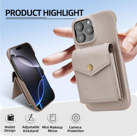 For iPhone 16 Pro Litchi Texture Vertical Card Bag Holder Phone Case with Long Lanyard(Grey) - iPhone 16 Pro Cases by buy2fix | Online Shopping UK | buy2fix