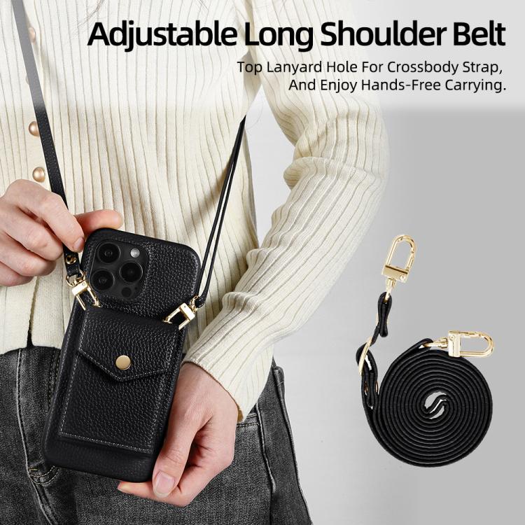 For iPhone 15 Pro Litchi Texture Vertical Card Bag Holder Phone Case with Long Lanyard(Black) - iPhone 15 Pro Cases by buy2fix | Online Shopping UK | buy2fix