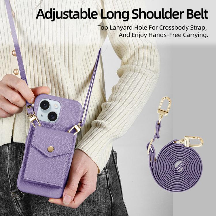 For iPhone 15 Plus Litchi Texture Vertical Card Bag Holder Phone Case with Long Lanyard(Purple) - iPhone 15 Plus Cases by buy2fix | Online Shopping UK | buy2fix
