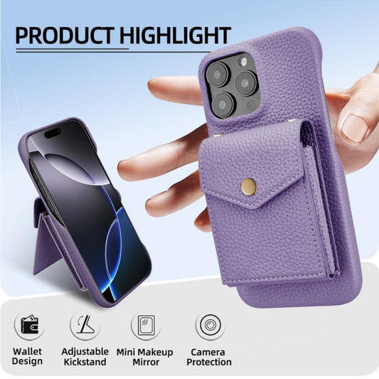 For iPhone 14 Pro Litchi Texture Vertical Card Bag Holder Phone Case with Long Lanyard(Purple) - iPhone 14 Pro Cases by buy2fix | Online Shopping UK | buy2fix