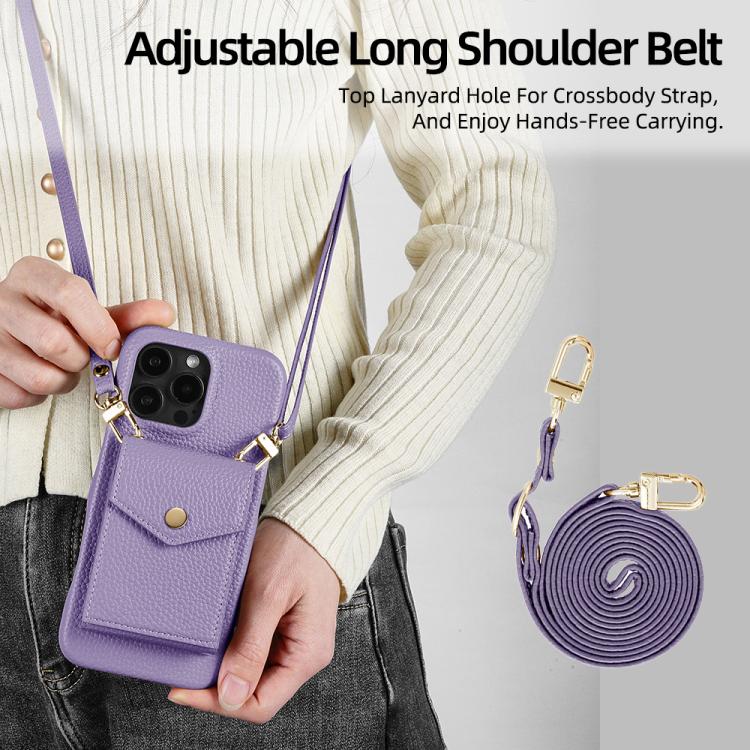 For iPhone 14 Pro Litchi Texture Vertical Card Bag Holder Phone Case with Long Lanyard(Purple) - iPhone 14 Pro Cases by buy2fix | Online Shopping UK | buy2fix