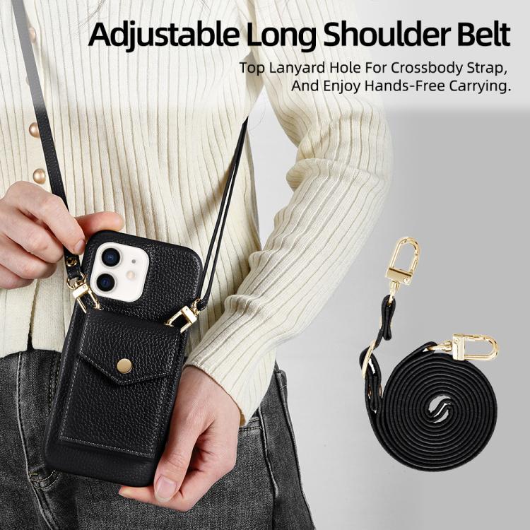 For iPhone 12 / 12 Pro Litchi Texture Vertical Card Bag Holder Phone Case with Long Lanyard(Black) - iPhone 12 / 12 Pro Cases by buy2fix | Online Shopping UK | buy2fix