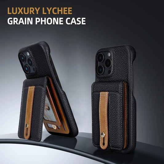 For iPhone 16 Pro Litchi Texture Leather Ring Card Bag Holder Phone Case(Black) - iPhone 16 Pro Cases by buy2fix | Online Shopping UK | buy2fix