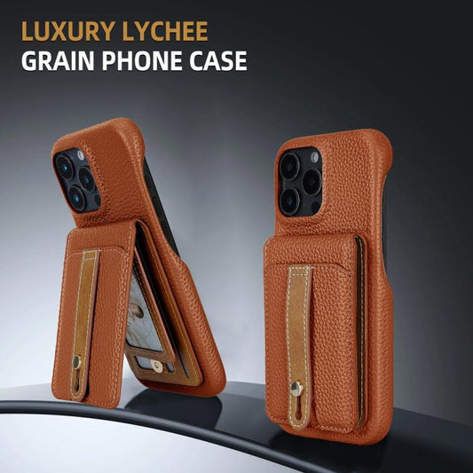 For iPhone 16 Pro Litchi Texture Leather Ring Card Bag Holder Phone Case(Brown) - iPhone 16 Pro Cases by buy2fix | Online Shopping UK | buy2fix