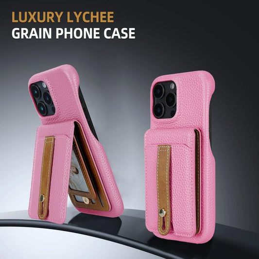 For iPhone 16 Pro Litchi Texture Leather Ring Card Bag Holder Phone Case(Pink) - iPhone 16 Pro Cases by buy2fix | Online Shopping UK | buy2fix