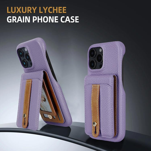 For iPhone 16 Pro Litchi Texture Leather Ring Card Bag Holder Phone Case(Purple) - iPhone 16 Pro Cases by buy2fix | Online Shopping UK | buy2fix