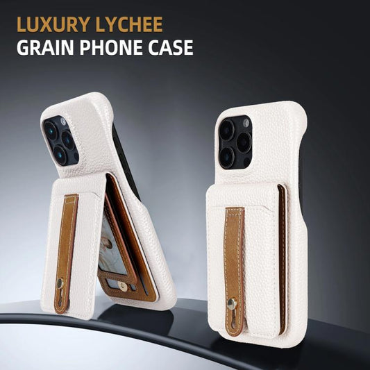 For iPhone 16 Pro Litchi Texture Leather Ring Card Bag Holder Phone Case(White) - iPhone 16 Pro Cases by buy2fix | Online Shopping UK | buy2fix