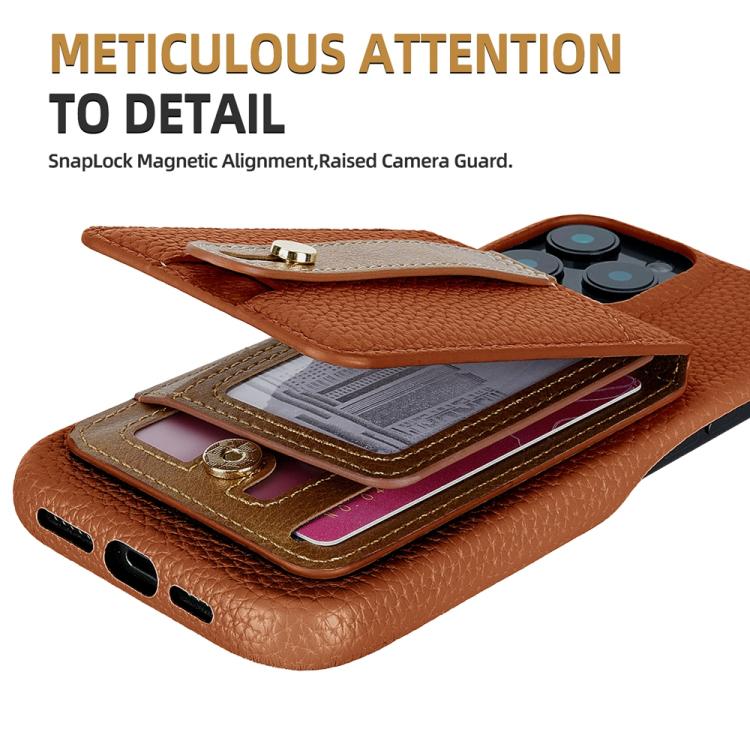 For iPhone 16 Plus Litchi Texture Leather Ring Card Bag Holder Phone Case(Brown) - iPhone 16 Plus Cases by buy2fix | Online Shopping UK | buy2fix