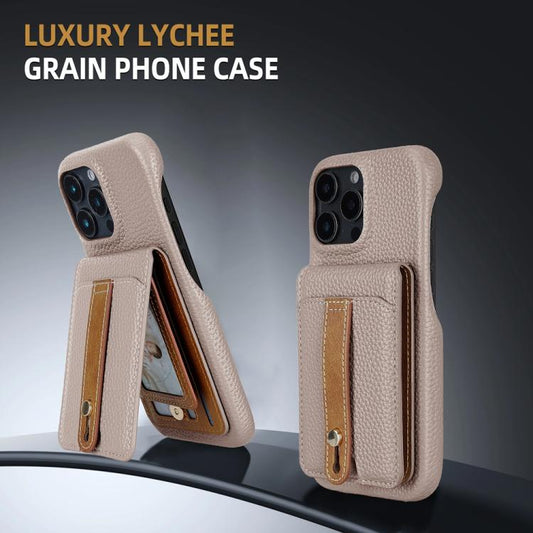 For iPhone 16 Plus Litchi Texture Leather Ring Card Bag Holder Phone Case(Grey) - iPhone 16 Plus Cases by buy2fix | Online Shopping UK | buy2fix