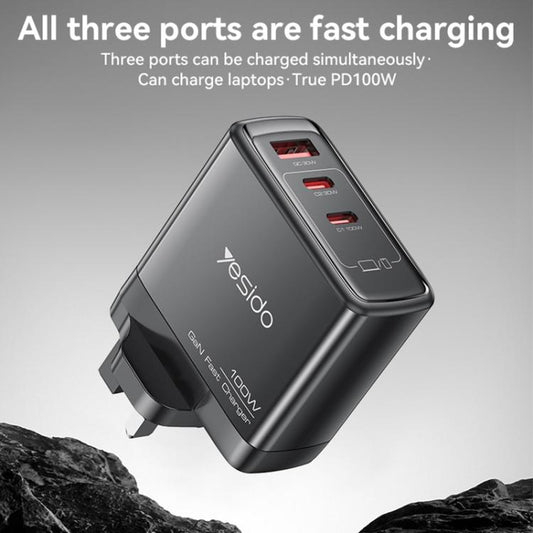 Yesido YC95 PD100W 2 USB-C , USB-A Three Ports GaN Fast Charger, Plug:UK Plug(Black) - USB Charger by Yesido | Online Shopping UK | buy2fix
