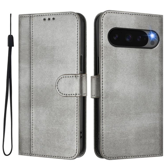 For Google Pixel 10 / 10 Pro / Pixel 9 / 9 Pro Line Splicing Buckle Retro Leather Phone Case(Grey) - Google Cases by buy2fix | Online Shopping UK | buy2fix