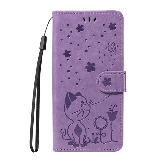 For Google Pixel 10 / 10 Pro Global Cat and Bee Embossed Flip Leather Phone Case(Purple) - Google Cases by buy2fix | Online Shopping UK | buy2fix
