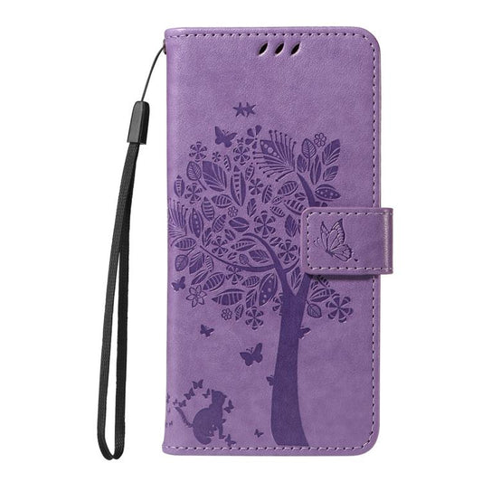For Google Pixel 10 5G / 10 Pro 5G Global Tree & Cat Embossed Pattern Flip Leather Phone Case(Light Purple) - Google Cases by buy2fix | Online Shopping UK | buy2fix