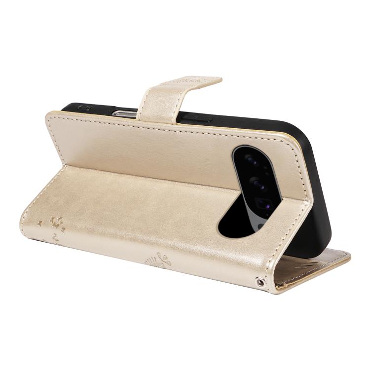 For Google Pixel 10 5G / 10 Pro 5G Global Tree & Cat Embossed Pattern Flip Leather Phone Case(Gold) - Google Cases by buy2fix | Online Shopping UK | buy2fix