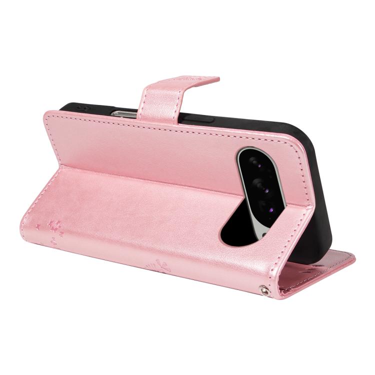 For Google Pixel 10 Pro XL 5G Global Tree & Cat Embossed Pattern Flip Leather Phone Case(Rose Gold) - Google Cases by buy2fix | Online Shopping UK | buy2fix