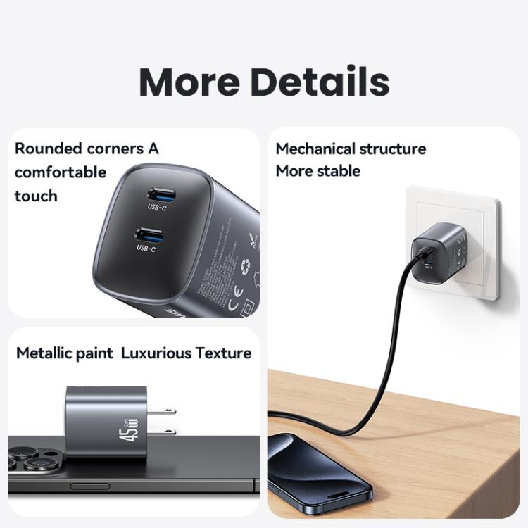 USAMS CC306 T66 45W Dual USB-C / Type-C GaN Fast Charger, US Plug(Gunmetal) - USB Charger by USAMS | Online Shopping UK | buy2fix