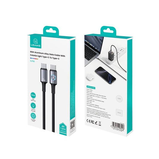 USAMS SJ752 60W Type-C to Type-C Aluminum Alloy Data Cable with Colorful Light, Length: 1.2m(Gold) - USB-C & Type-C Cable by USAMS | Online Shopping UK | buy2fix