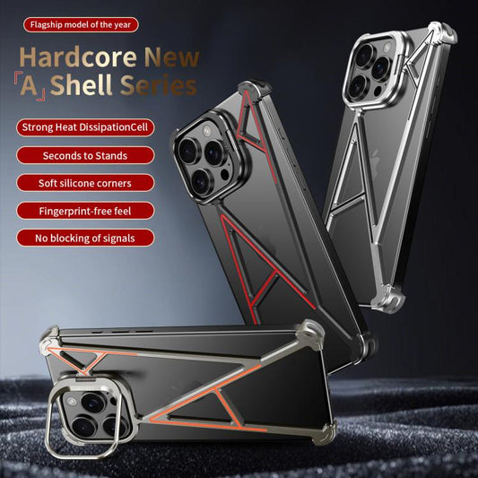 For iPhone 15 Pro Max Four Corner Shockproof Lens Bracket Hollow Metal Phone Case(Black) - iPhone 15 Pro Max Cases by buy2fix | Online Shopping UK | buy2fix