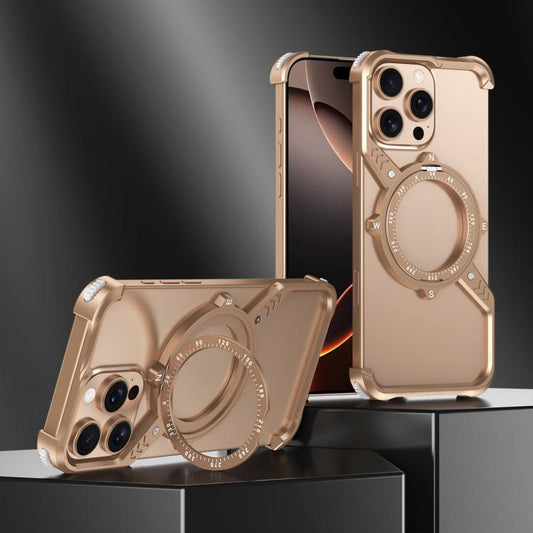 For iPhone 14 S Shaped 360 Holder Airbag Frameless MagSafe Metal Phone Case(Desert Gold) - iPhone 14 Cases by buy2fix | Online Shopping UK | buy2fix
