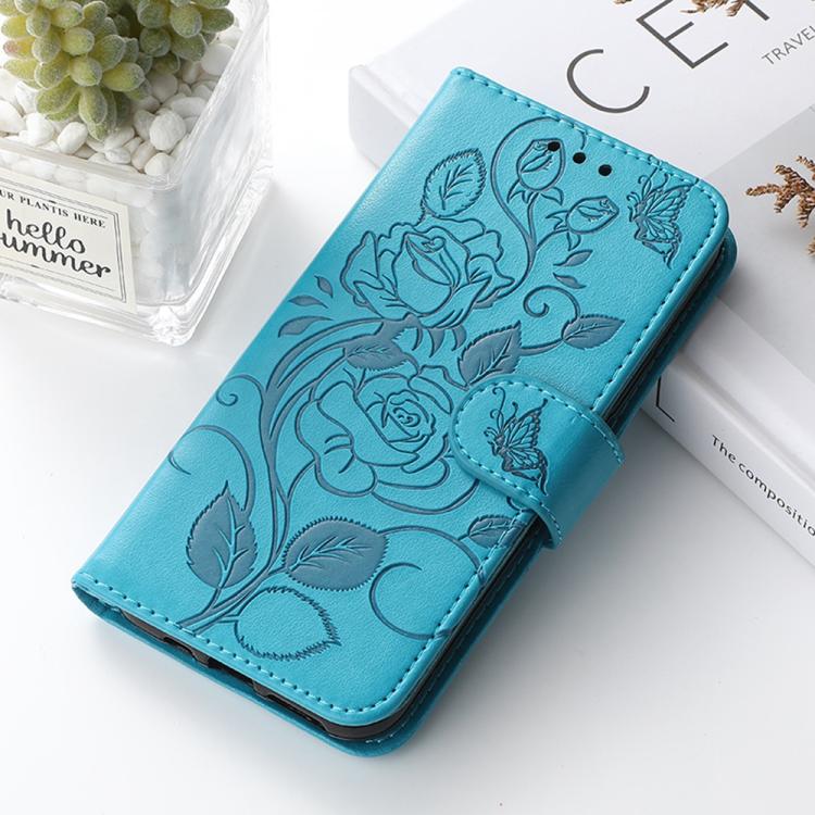For Google Pixel 10 Pro XL Rose Butterfly Embossed Leather Phone Case(Blue) - Google Cases by buy2fix | Online Shopping UK | buy2fix