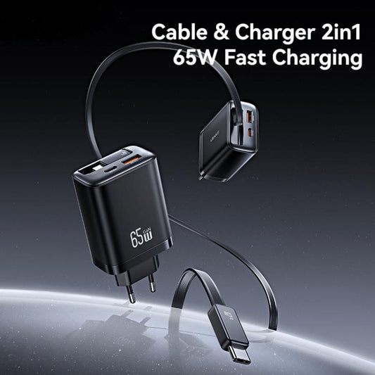 USAMS CC299 65W Fast Charger With Retractable USB-C / Type-C Cable, EU Plug(Black) - USB Charger by USAMS | Online Shopping UK | buy2fix