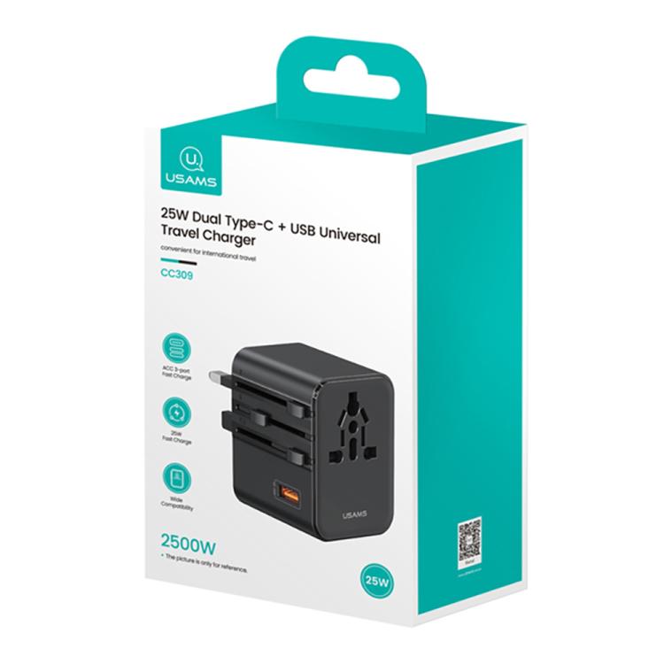 USAMS CC309 25W Dual Type-C and USB-A Ports Universal Travel Charger(Black) - Plug Adaptor by USAMS | Online Shopping UK | buy2fix