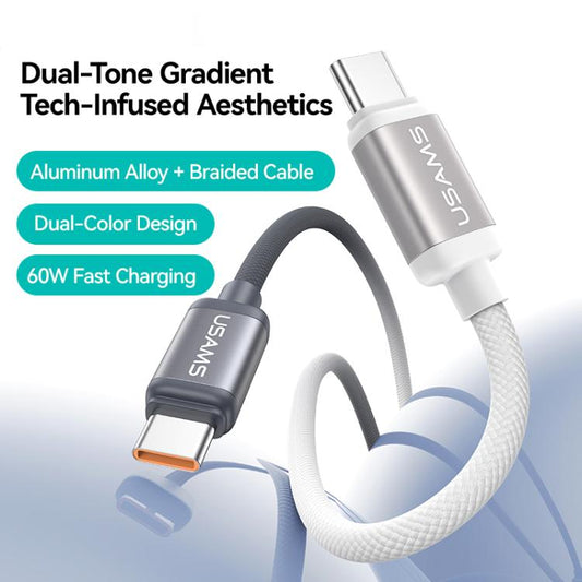 USAMS SJ756 Type-C to Type-C 60W Dual Color Aluminum Alloy Fast Charging Data Cable, Length:1.2m(Black White) - USB-C & Type-C Cable by USAMS | Online Shopping UK | buy2fix