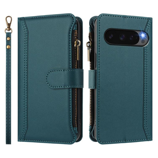 For Google Pixel 10 5G Global Magnetic Closure 9 Card Slots Zipper Leather Case with Hand Strap(Dark Green) - Google Cases by buy2fix | Online Shopping UK | buy2fix
