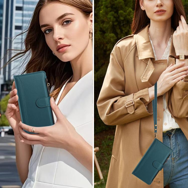 For Google Pixel 10 5G Global Magnetic Closure 9 Card Slots Zipper Leather Case with Hand Strap(Dark Green) - Google Cases by buy2fix | Online Shopping UK | buy2fix