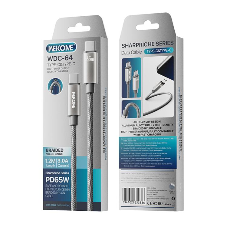 WK WDC-64 PD65W Type-C to Type-C Fast Charging Data Cable, Length: 1.2m(Grey) - USB-C & Type-C Cable by WK | Online Shopping UK | buy2fix