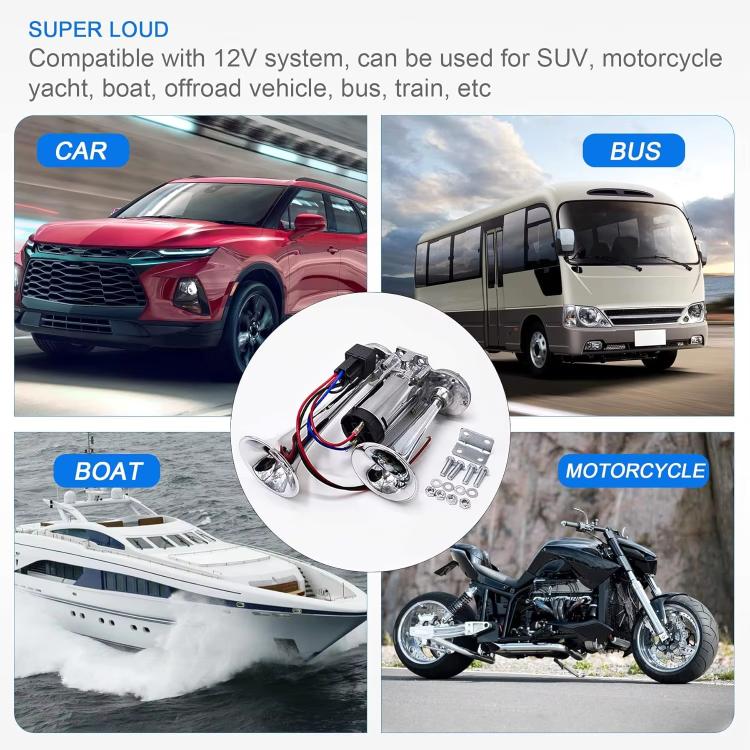 12V / 24V 600dB Car / Truck 3-Trumpet Super Loud Electric Horn, with M6 Air Nozzle and Leather Hose(Silver) - Security Alarm System by buy2fix | Online Shopping UK | buy2fix